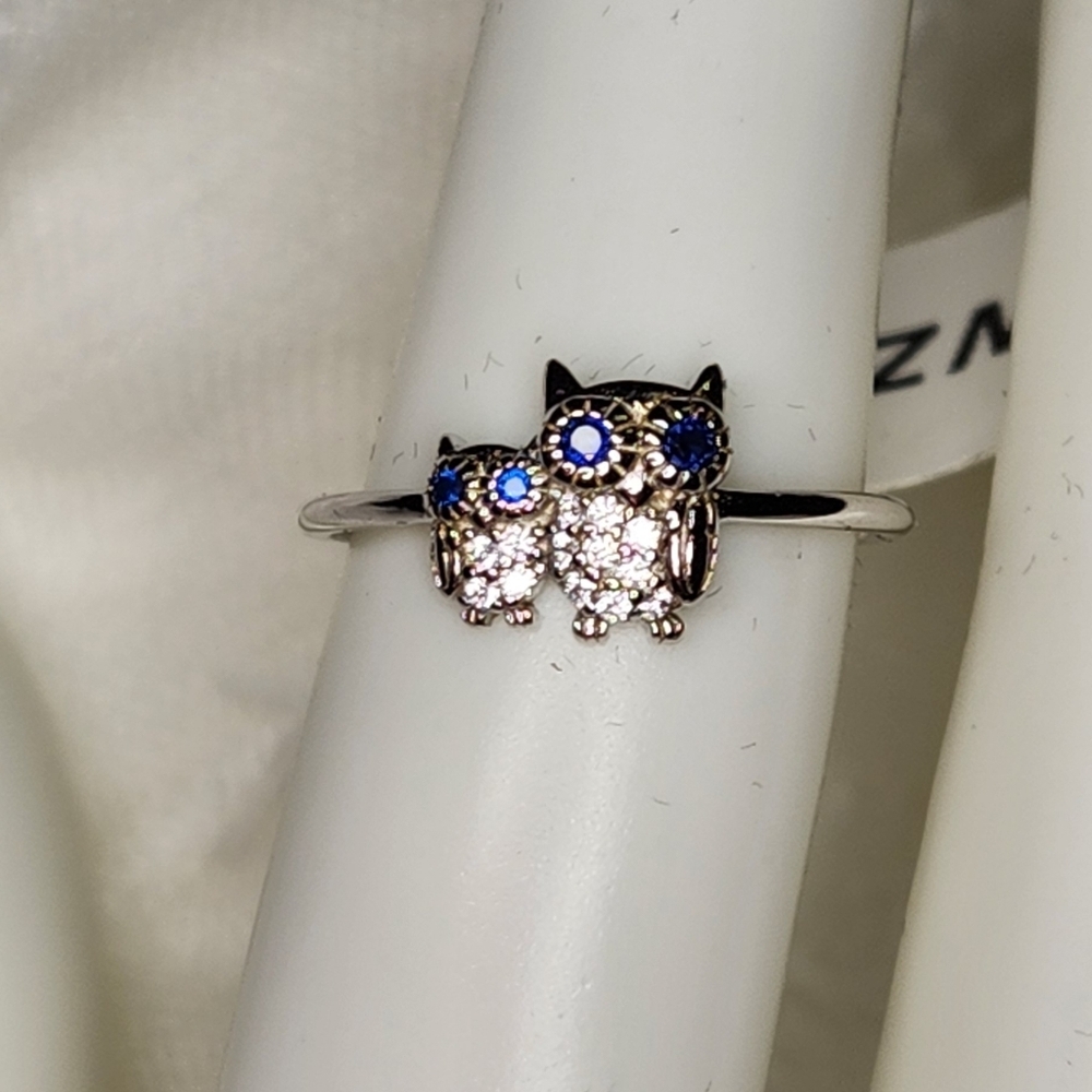 Sz.6 Sterling Silver Blue Eyed Owl Duo Ring